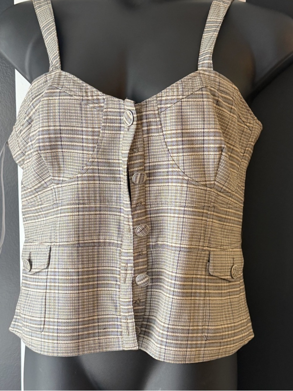 Plaid Button-Front Cropped Bustier Top  with matching skirt /belt-